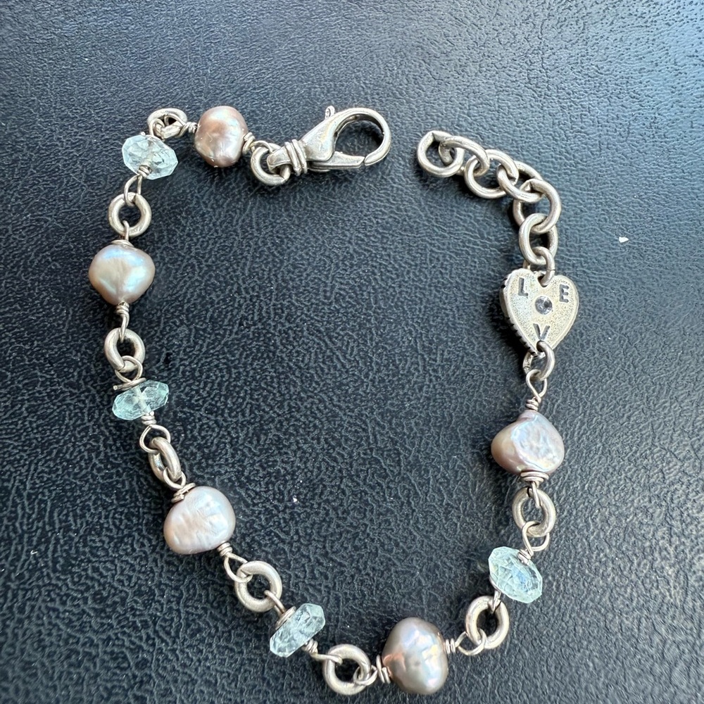 Elegant Sterling Silver Aquamarine & Pearl Bracelet by Alana Leigh Love Signed